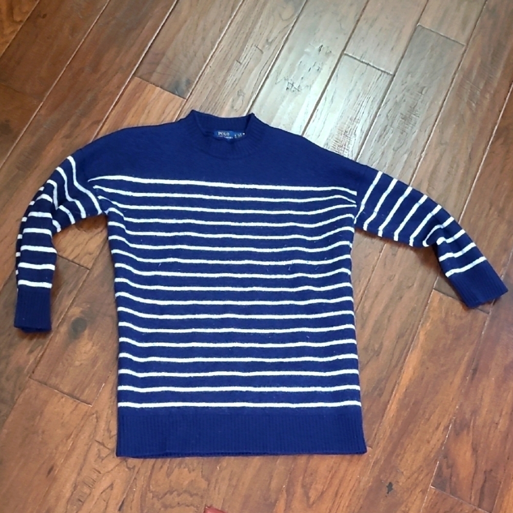 Polo Ralph Lauren Merino Wool navy blue striped mock turtleneck sweater size XL